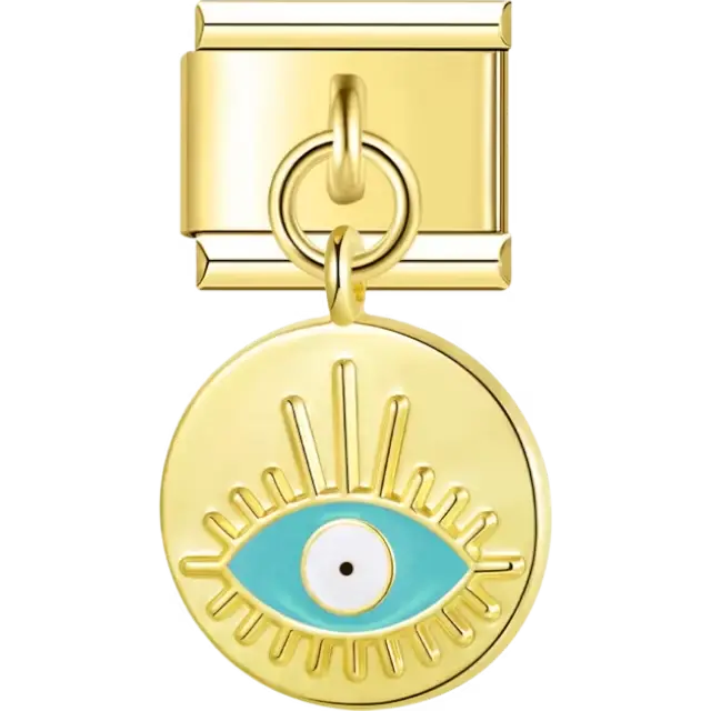 Round dangle charm with a light blue evil eye design Italian charm bracelet link