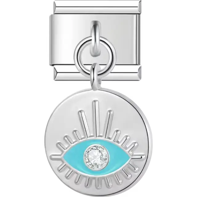 Round dangle charm with a light blue evil eye design Italian charm bracelet link