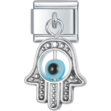 Dangling hamsa hand design with textured details and a light blue evil eye bead Italian charm bracelet link