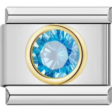 Round light blue gemstone framed in gold-tone detail Italian charm bracelet link