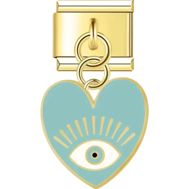 Light blue heart-shaped dangle with a centered evil eye and gold-tone rays Italian charm bracelet link