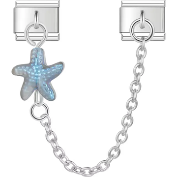 Light blue starfish with silver safety chain Italian charm bracelet link