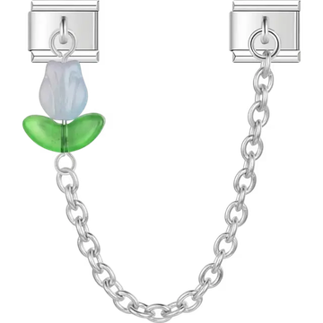 Light blue tulip with green leaves connected by chain Italian charm bracelet link