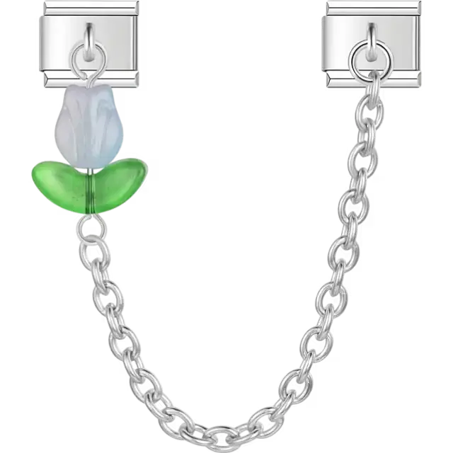 Light blue tulip with green leaves connected by chain Italian charm bracelet link