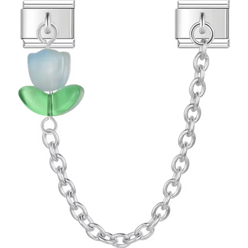 Light blue tulip flower with green leaves connected by a chain Italian charm bracelet link