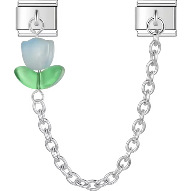Light blue tulip flower with green leaves connected by a chain Italian charm bracelet link