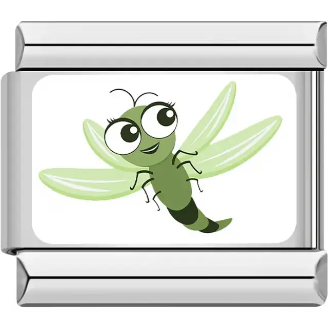 Cartoon light green dragonfly with transparent wings Italian charm bracelet link