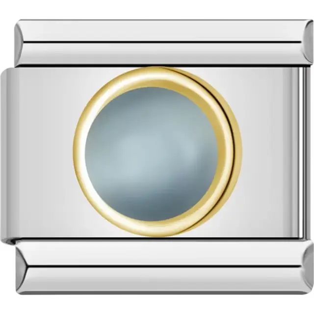 Light grey cabochon gemstone with gold border Italian charm bracelet link