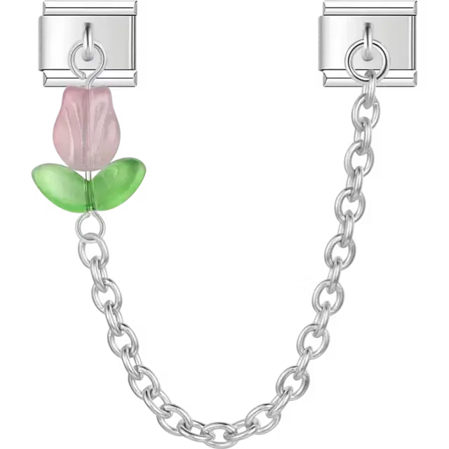 Light pink tulip with green leaves connected by chain Italian charm bracelet link