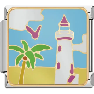 White lighthouse, green palm tree, and pink bird on a blue sky and sandy background Italian charm bracelet link