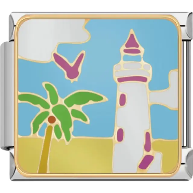 White lighthouse, green palm tree, and pink bird on a blue sky and sandy background Italian charm bracelet link
