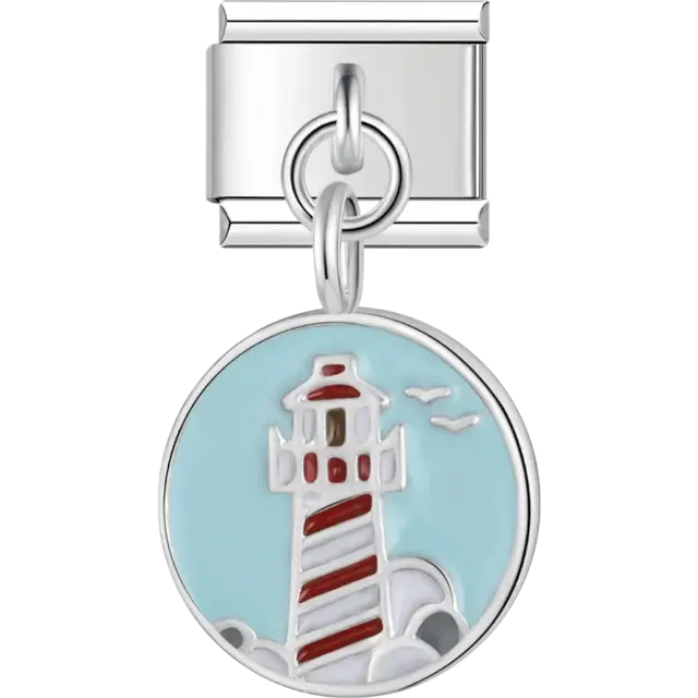 Circular charm with a lighthouse and seagulls Italian charm bracelet link