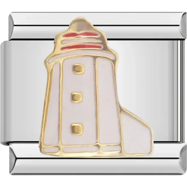 White lighthouse with red accents Italian charm bracelet link