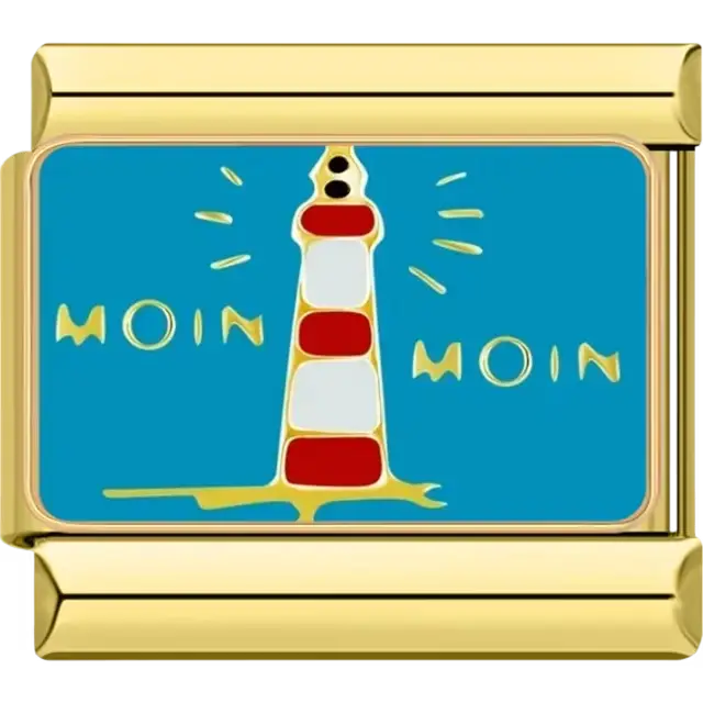 Red and white lighthouse with “Moin Moin” text on blue background Italian charm bracelet link