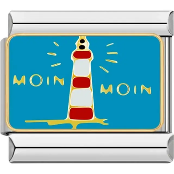 Red and white lighthouse with “Moin Moin” text on blue background Italian charm bracelet link