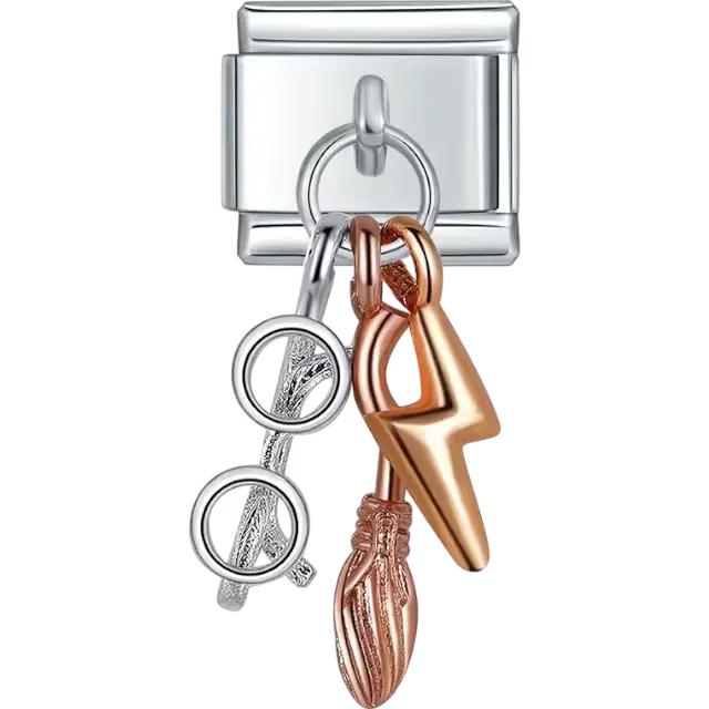 Rose gold lightning bolt and broomstick dangle design Italian charm bracelet link