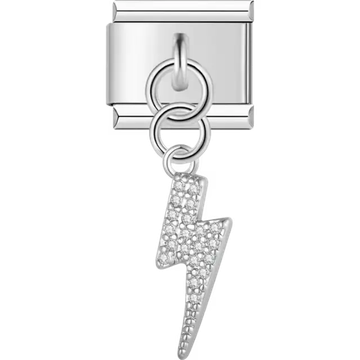 Lightning bolt dangle charm embellished with clear gemstones Italian charm bracelet link