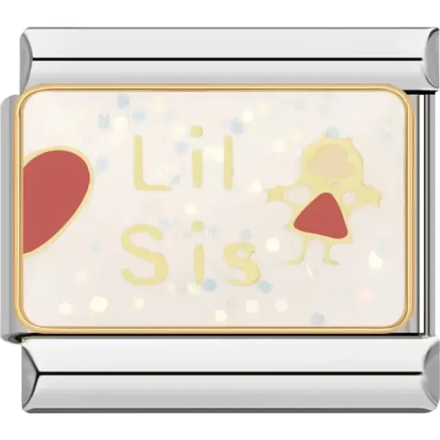 "Lil Sis" text with red heart and girl figure on glittery white background Italian charm bracelet link