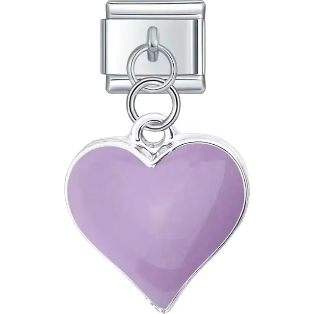Lilac purple heart design in a dangle style Italian charm bracelet link