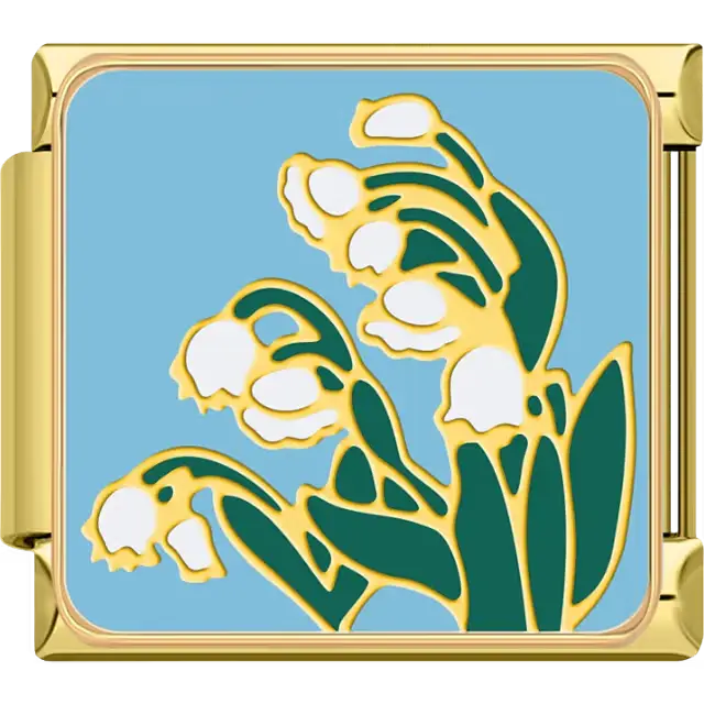 Gold outline lily of the valley flowers with white blossoms and green stems on a light blue background Italian charm bracelet link