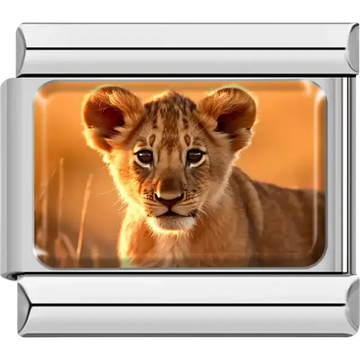 Lion cub with an orange sunset background Italian charm bracelet link