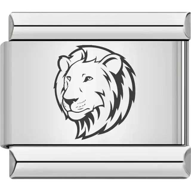 Black outline of a lion head in profile with bold mane details Italian charm bracelet link