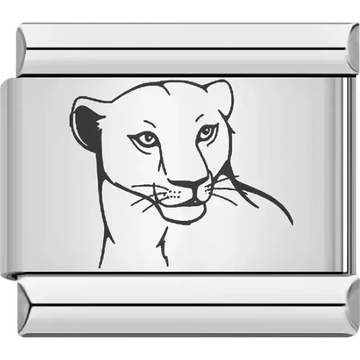 Minimalist black outline of a lioness head with detailed whiskers Italian charm bracelet link