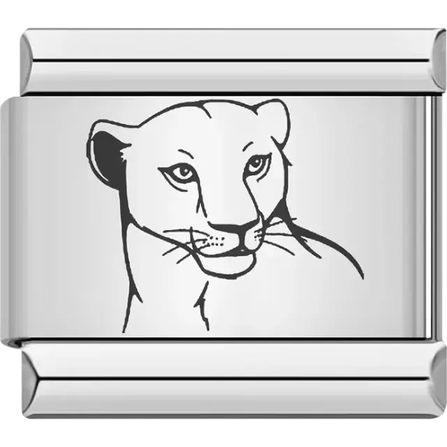 Minimalist black outline of a lioness head with detailed whiskers Italian charm bracelet link