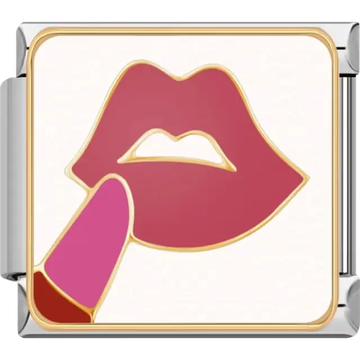Stylized design of pink lips with lipstick in bold red and pink accents Italian charm bracelet link