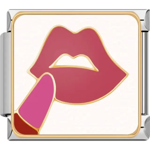 Stylized design of pink lips with lipstick in bold red and pink accents Italian charm bracelet link