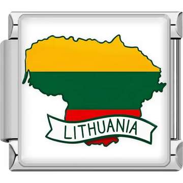 Yellow green red map of Lithuania with white banner Lithuania text Lithuania map flag Italian charm bracelet link
