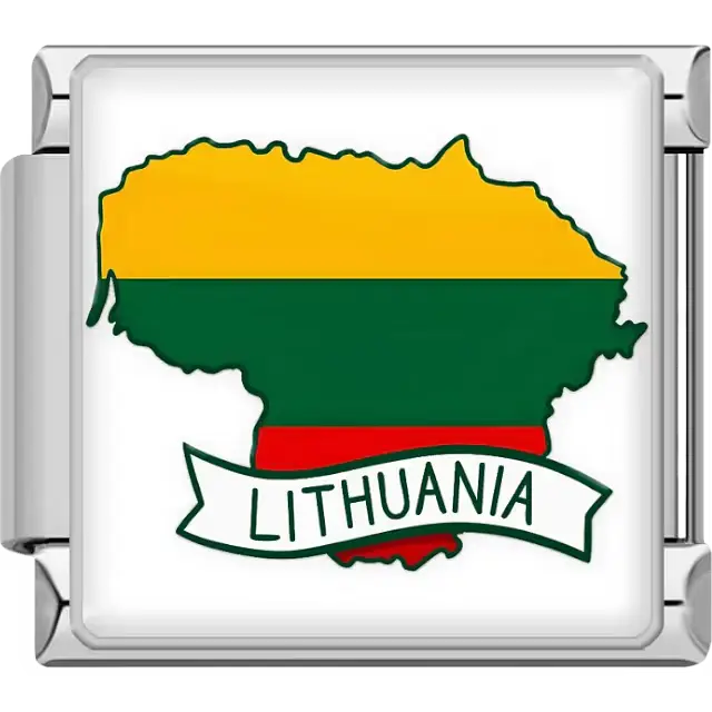 Yellow green red map of Lithuania with white banner Lithuania text Lithuania map flag Italian charm bracelet link