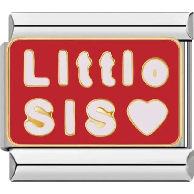 “Little Sis” text with a heart on a red Italian charm bracelet link