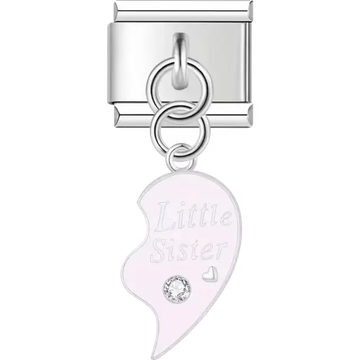 Silver dangle charm with "Little Sister" engraving, light pink detailing, and a clear crystal accent Italian charm bracelet link