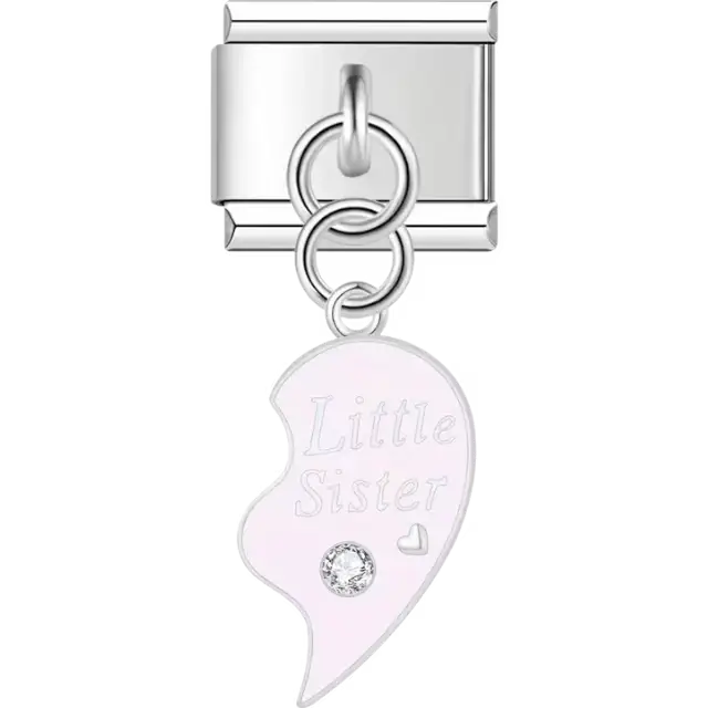 Silver dangle charm with "Little Sister" engraving, light pink detailing, and a clear crystal accent Italian charm bracelet link