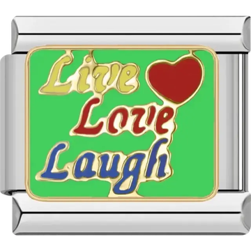 “Live Love Laugh” text with a red heart on a green background Italian charm bracelet link