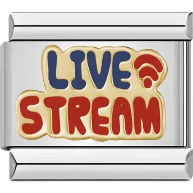Gold charm with "LIVE STREAM" text in red and blue with a Wi-Fi icon Italian charm bracelet link