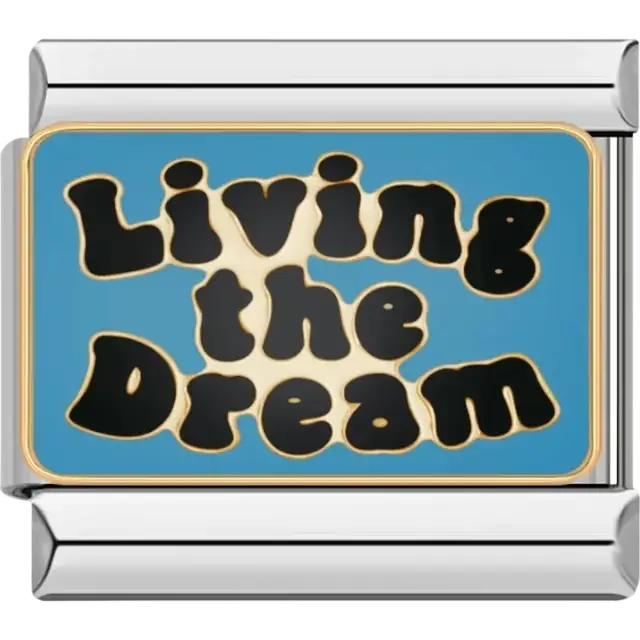 Black "Living the Dream" text with gold outline on a blue background Italian charm bracelet link