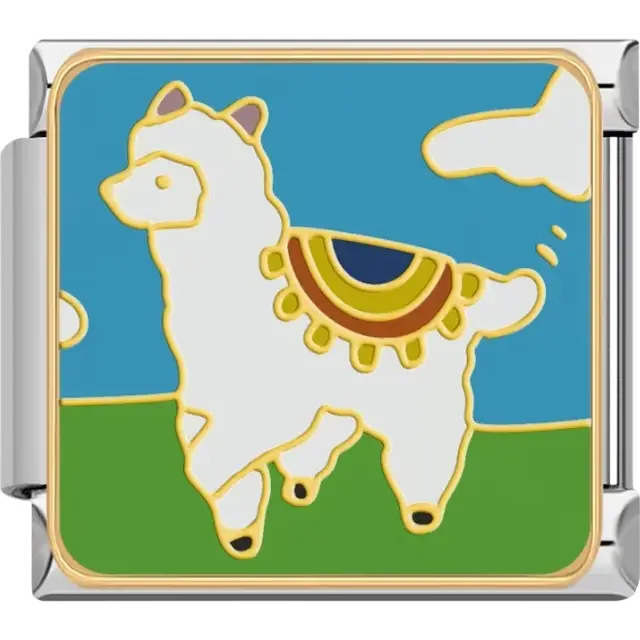 White llama with colorful blanket on green hills and blue sky Italian charm bracelet link