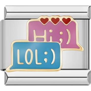 Blue and pink text messages with LOL and smiley face design featuring red hearts Italian charm bracelet link