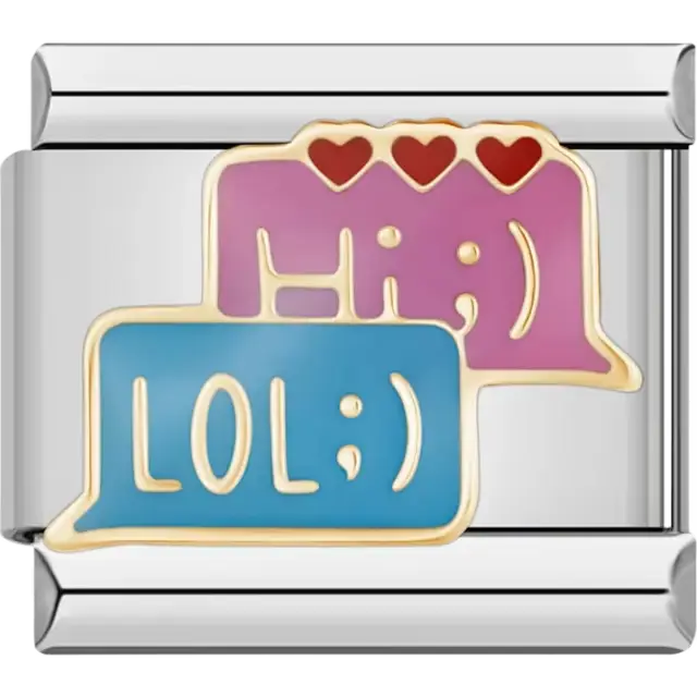 Blue and pink text messages with LOL and smiley face design featuring red hearts Italian charm bracelet link