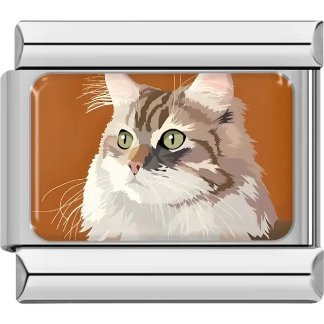 Longhaired tabby cat design featuring green eyes and detailed fur patterns Italian charm bracelet link