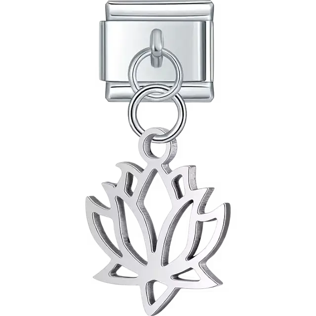 Silver lotus flower cutout dangle Italian charm bracelet link