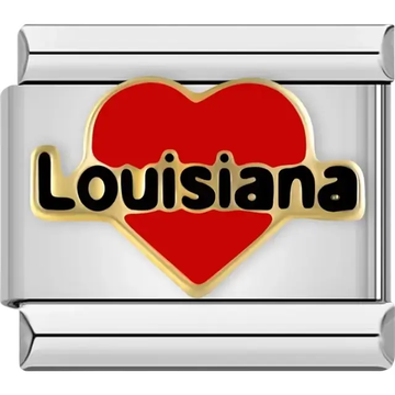 Red heart design with "Louisiana" text in bold black letters and gold details Italian charm bracelet link