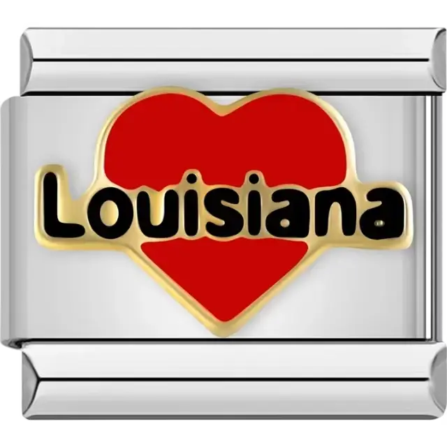 Red heart design with "Louisiana" text in bold black letters and gold details Italian charm bracelet link