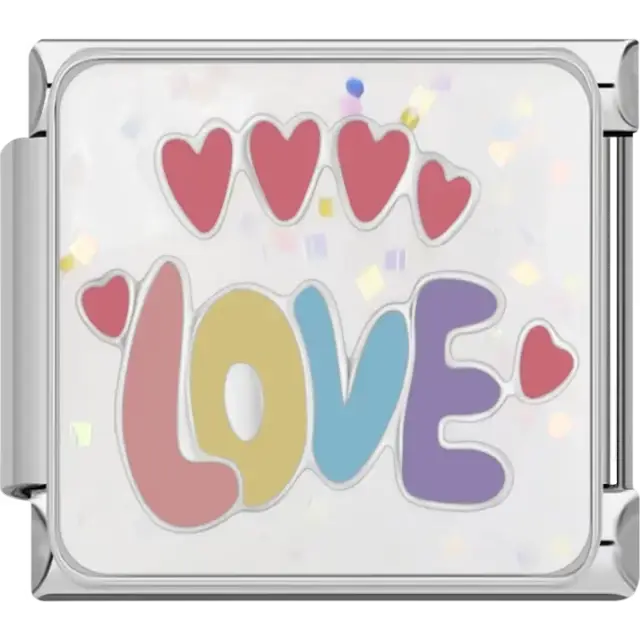 Colorful "Love" text in pink, yellow, blue, and purple with red hearts and a confetti background Italian charm bracelet link