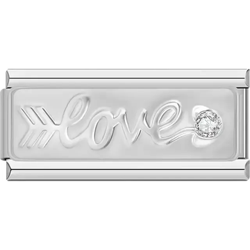 Silver plate with engraved "love" script, arrow detail, and sparkling crystal accent Italian charm bracelet link
