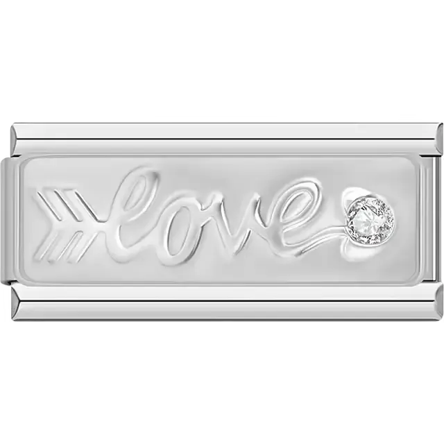 Silver plate with engraved "love" script, arrow detail, and sparkling crystal accent Italian charm bracelet link
