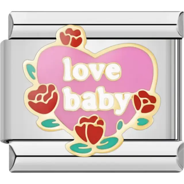 Pink heart with love baby text surrounded by red roses with green leaves and gold outlines Italian charm bracelet link