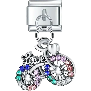 Multicolor crystal “Love” bicycle dangle Italian charm bracelet link